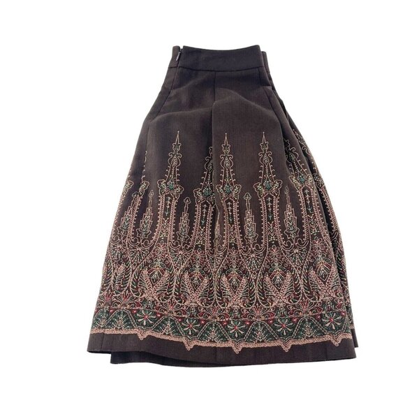 Ann Taylor Loft Petites 6P Brown Embroidered Lined Flare Skirt Western Boho a - Picture 3 of 12